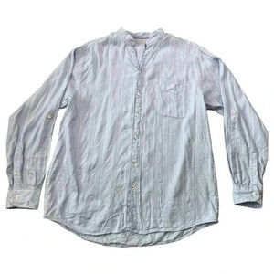 Caribbean Linen Blend Button Up Light Blue Shirt Roll Tab Sleeve Size Large